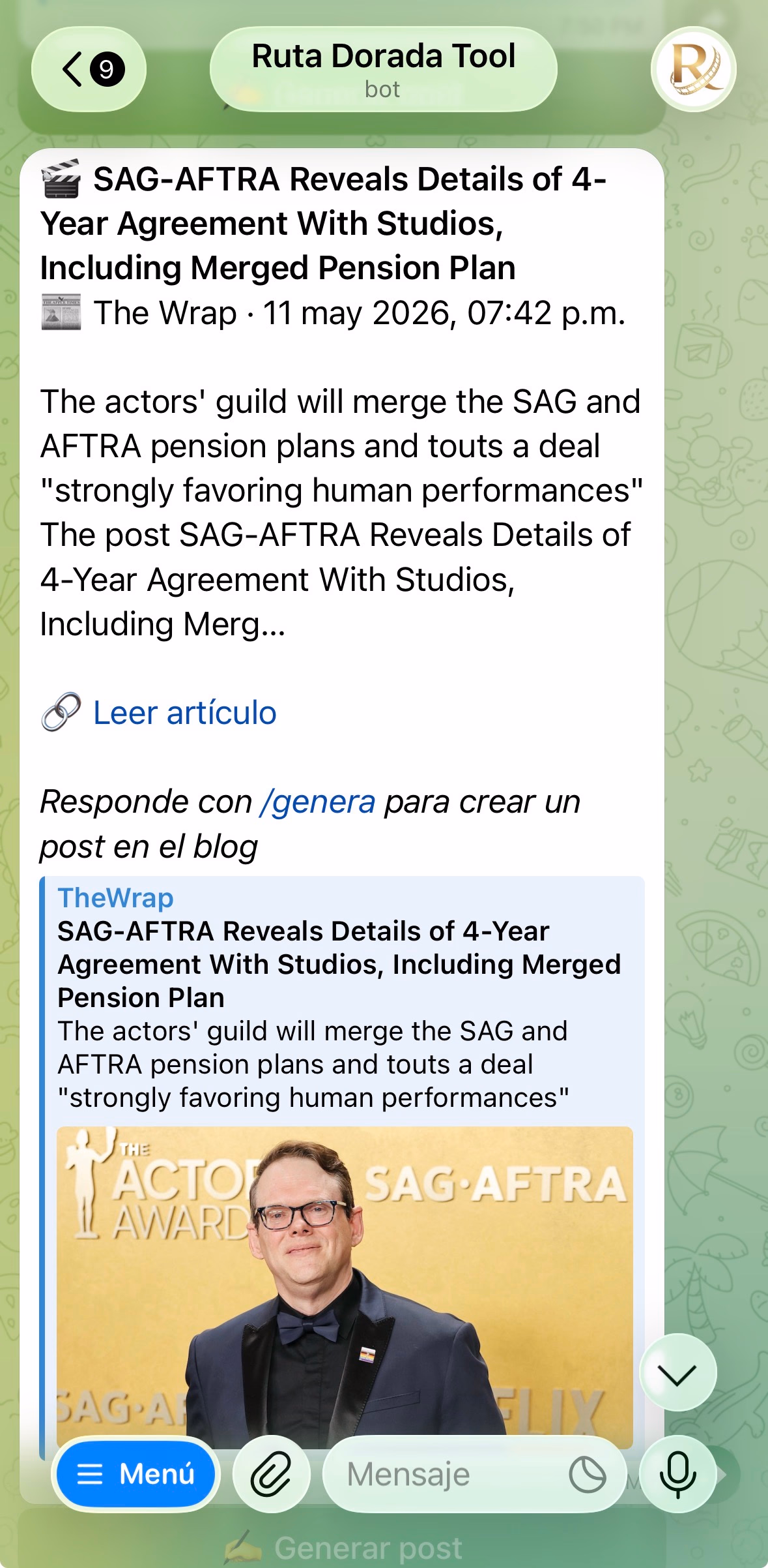 Captura de pantalla del bot mostrando notificaciones en tiempo real