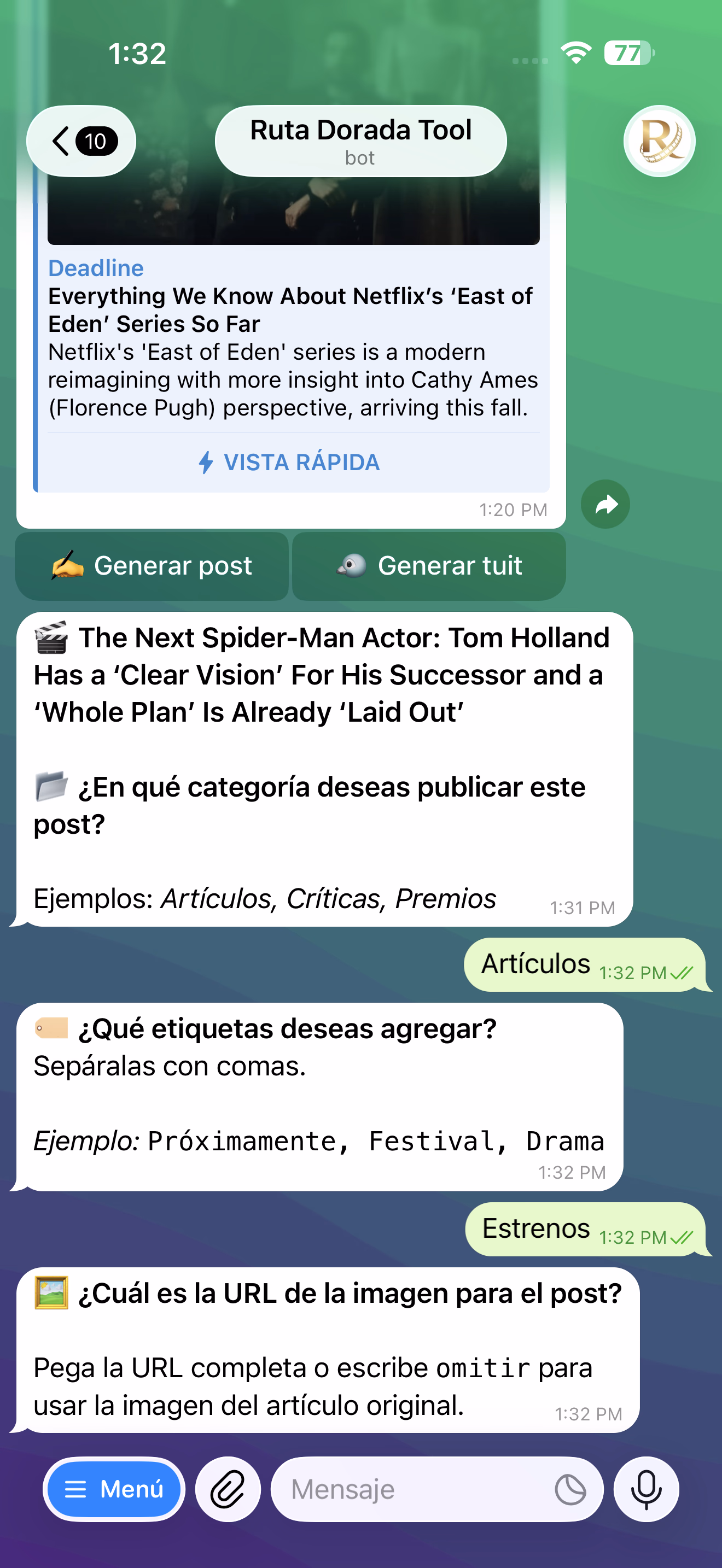 Captura de pantalla del bot configurando metadatos del artículo