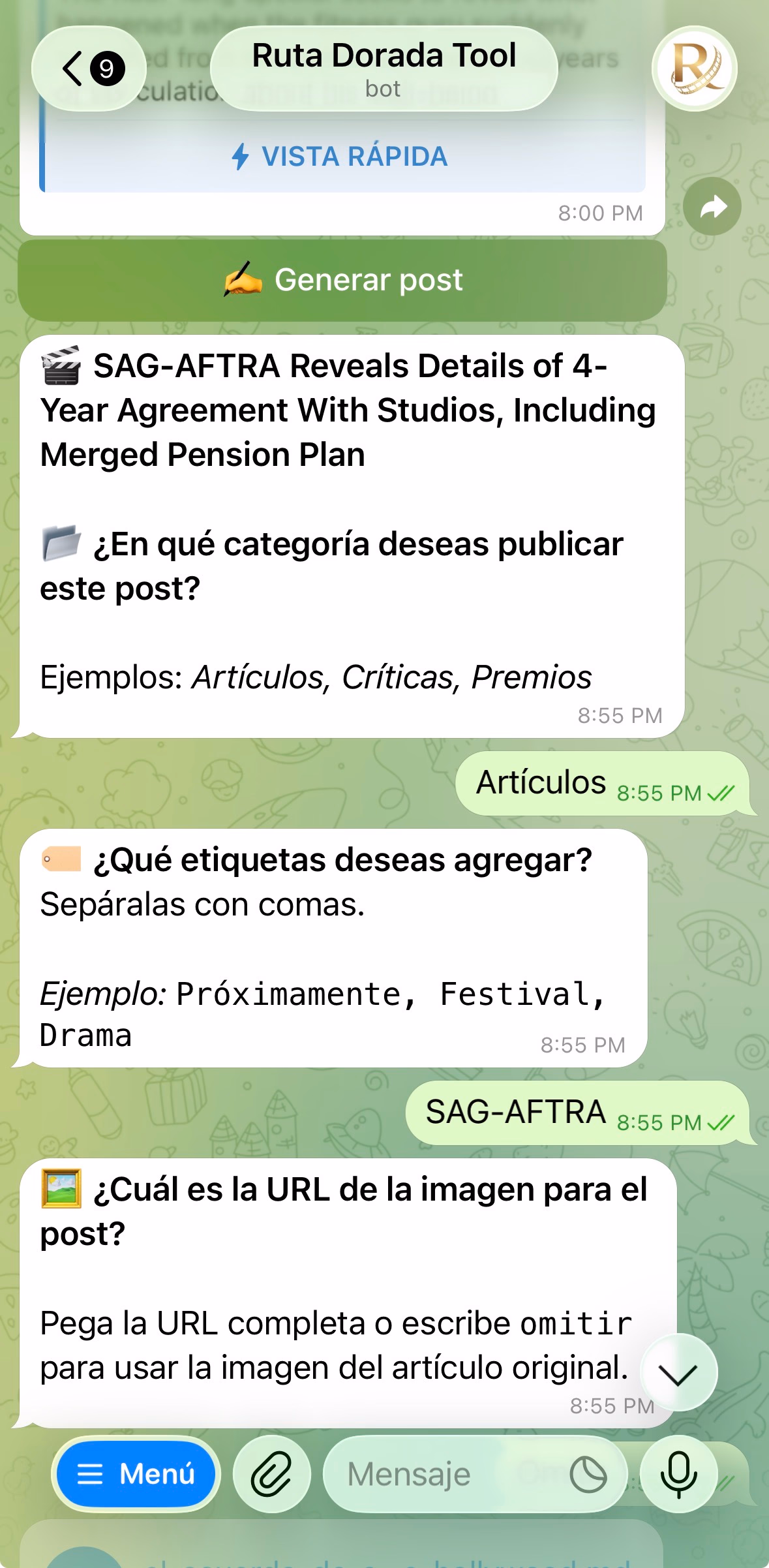 Captura de pantalla del bot configurando metadatos del artículo