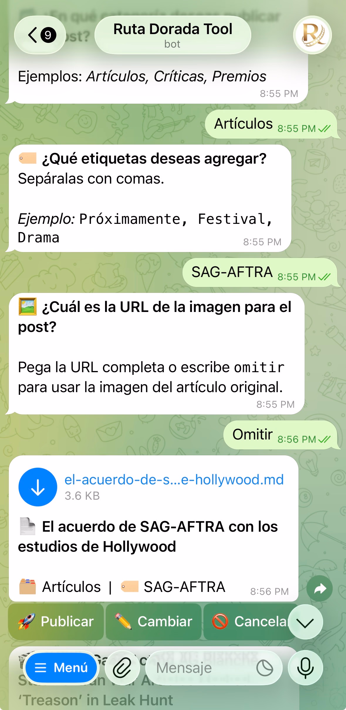 Captura de pantalla del bot publicando directamente en el sitio web
