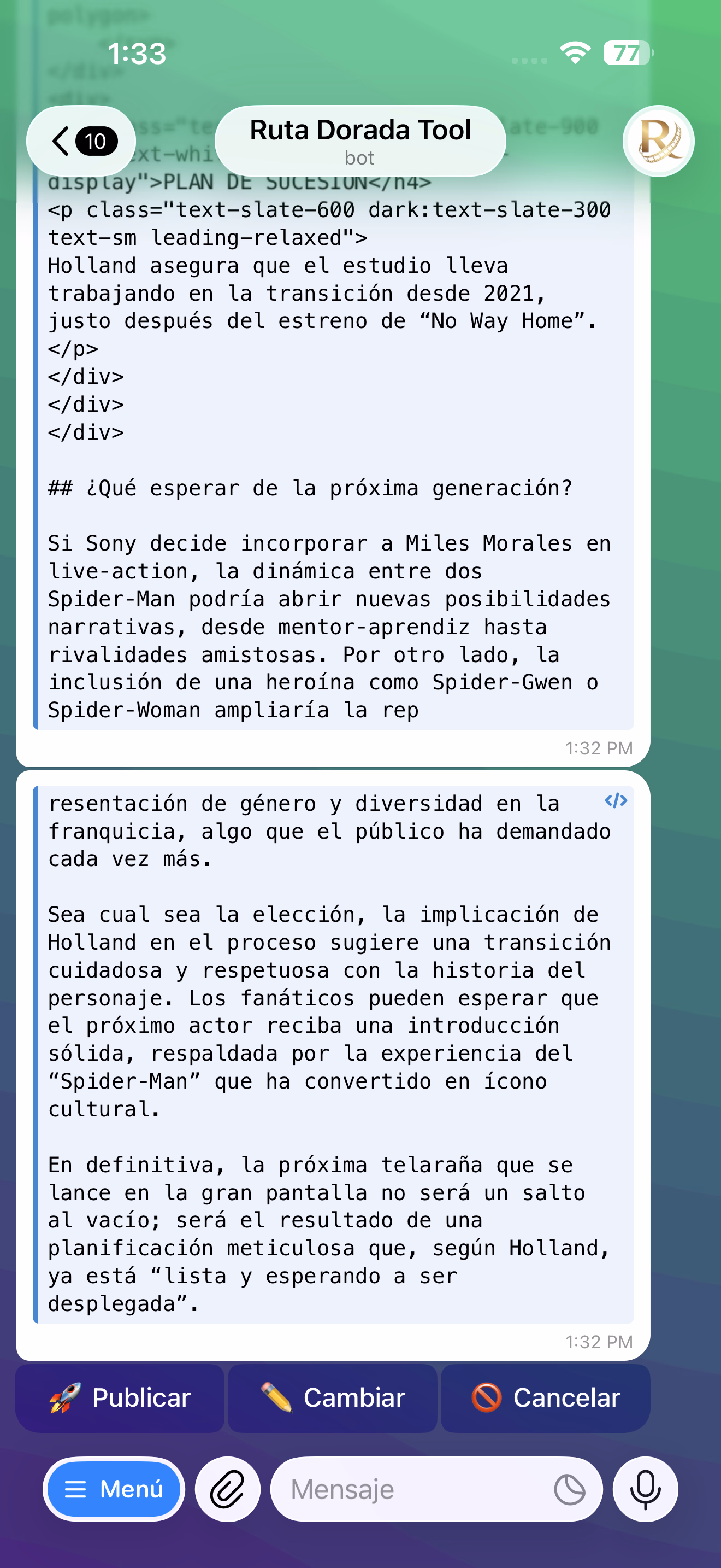Captura de pantalla del bot publicando directamente en el sitio web