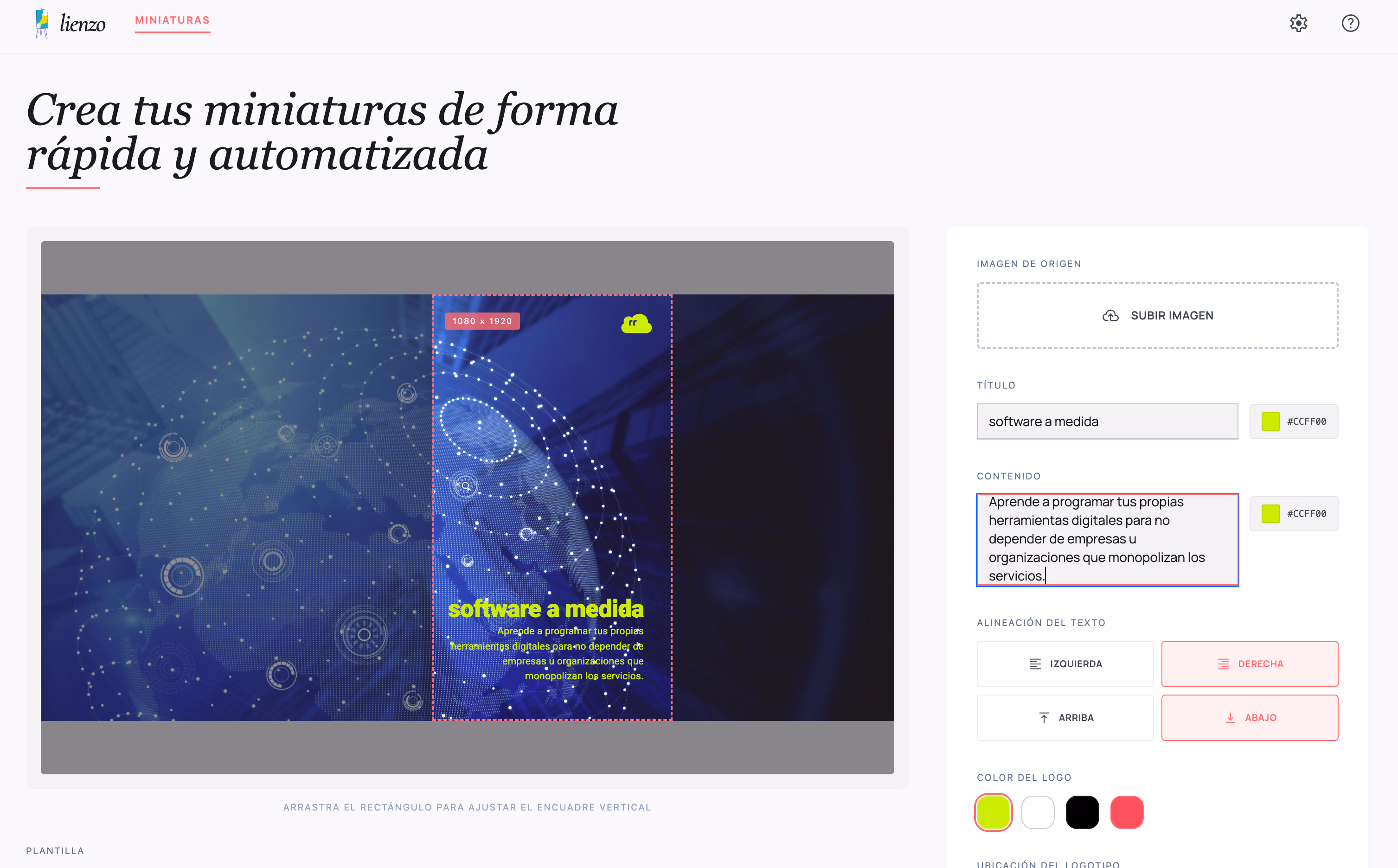 Otra plantilla de Lienzo con la vista previa de una miniatura azul, el campo de contenido con la descripción y los selectores de color del logotipo