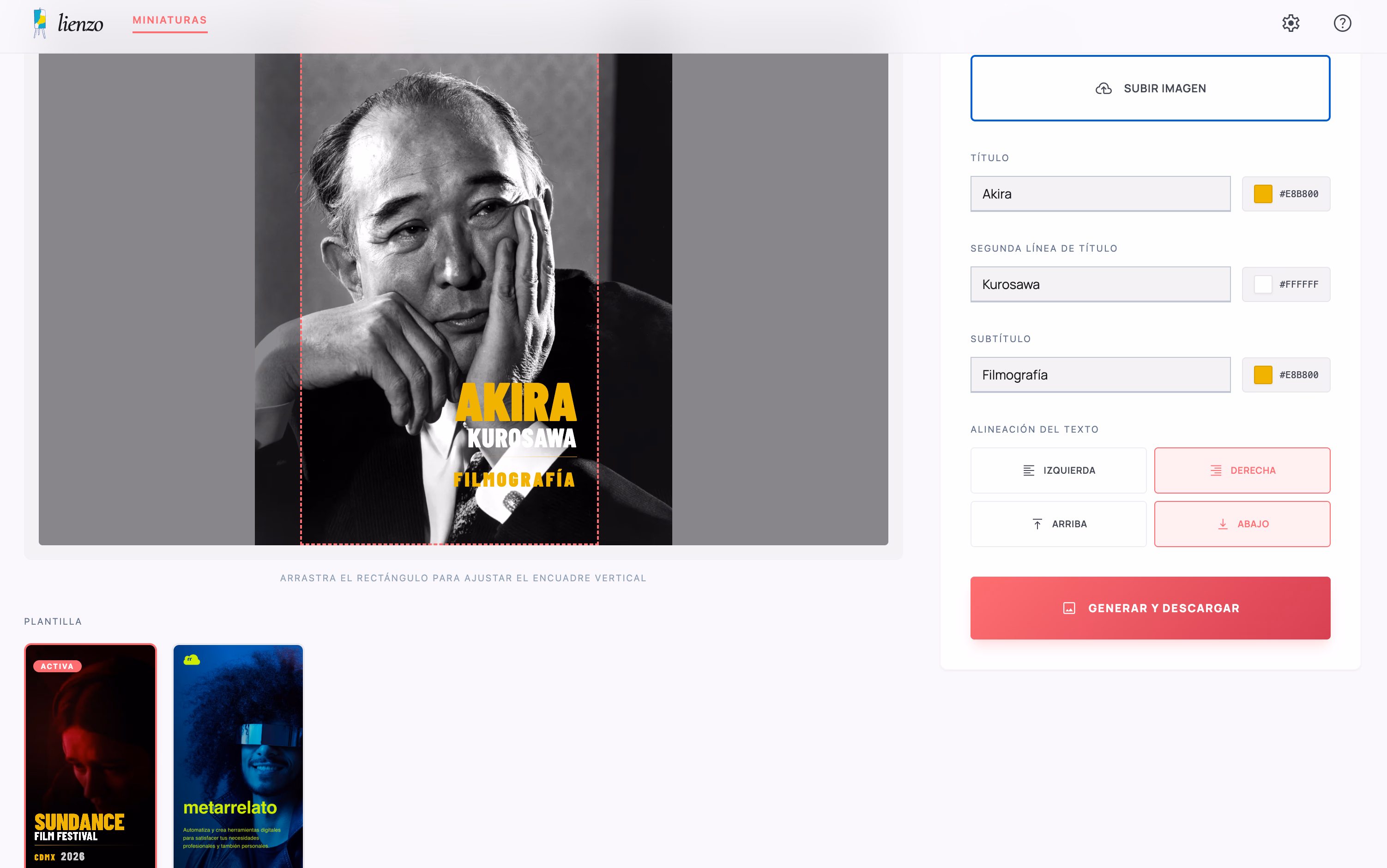 La interfaz de Lienzo con la vista previa de una miniatura de Akira Kurosawa, los campos para el título, el subtítulo y los colores, los botones de alineación del texto y las plantillas disponibles