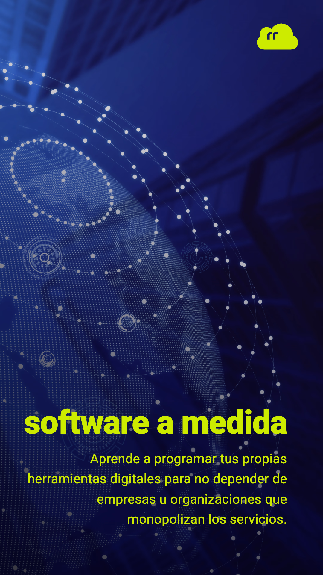 La miniatura vertical generada con Lienzo: un fondo azul con un globo terráqueo digital, el título software a medida y la descripción en verde limón
